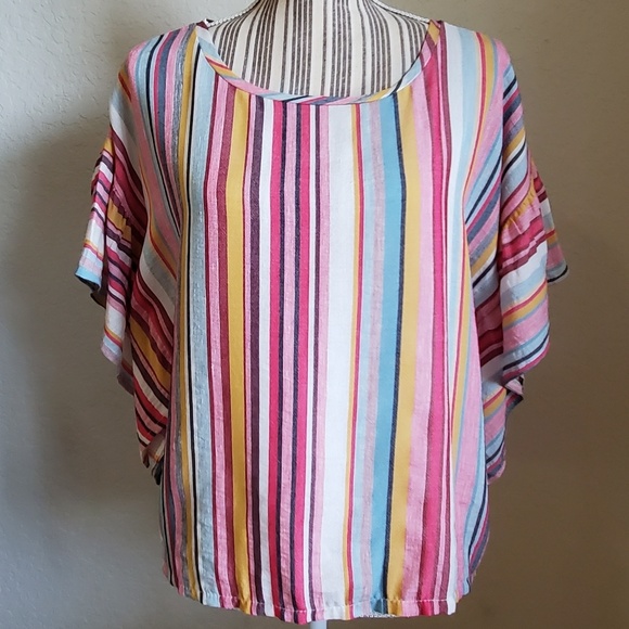 NWT ZUIKI LINEN STRIPED WING SLEEVED WOMENS TOP - Picture 1 of 5